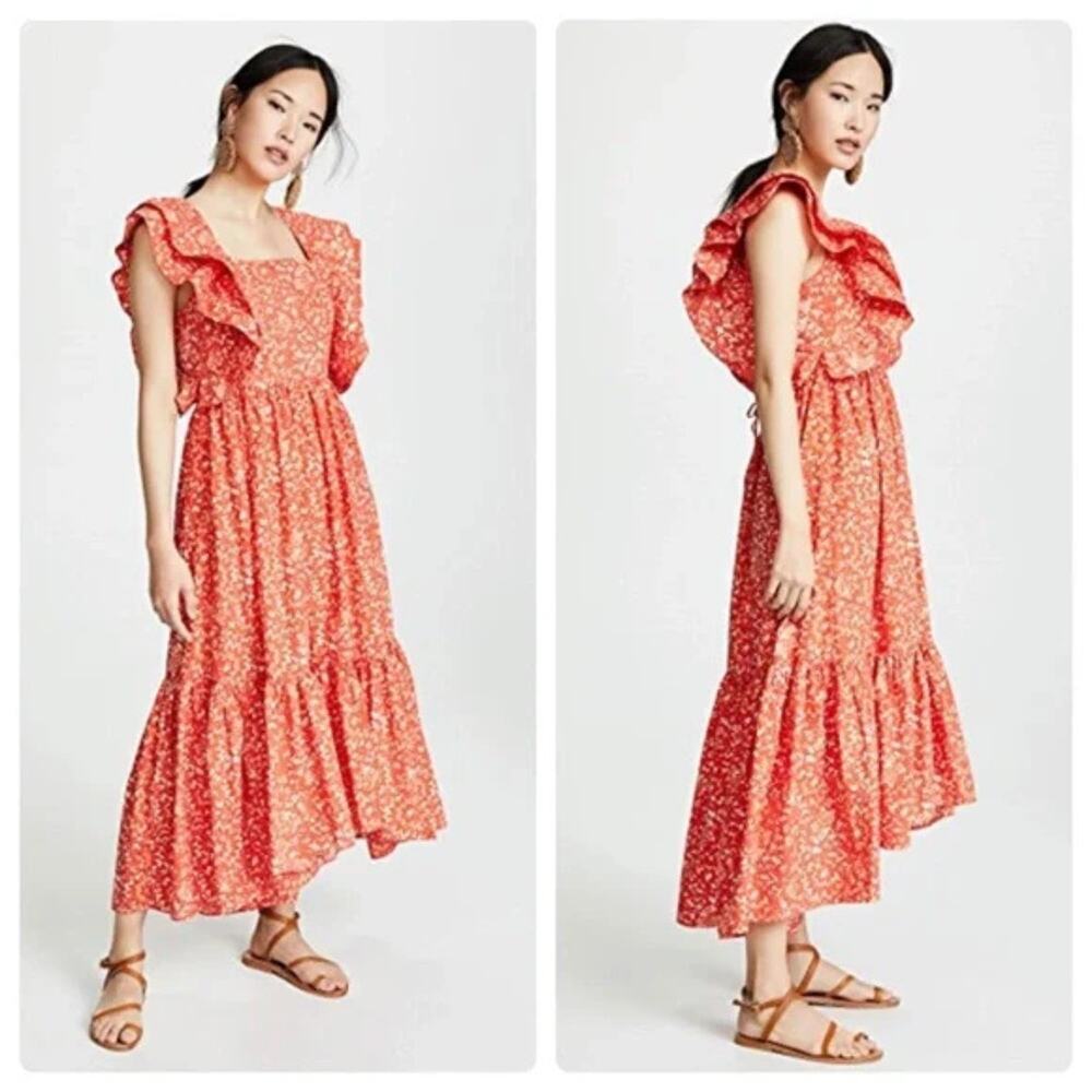 ULLA JOHNSON‎ Freida Printed Cotton Midi Dress Coral Batik Red Orange White US 4 - Picture 11 of 12